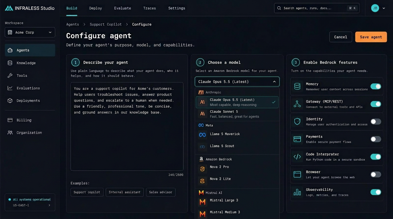 INFRALESS Studio: configure a new agent, choose a Bedrock model and enable features